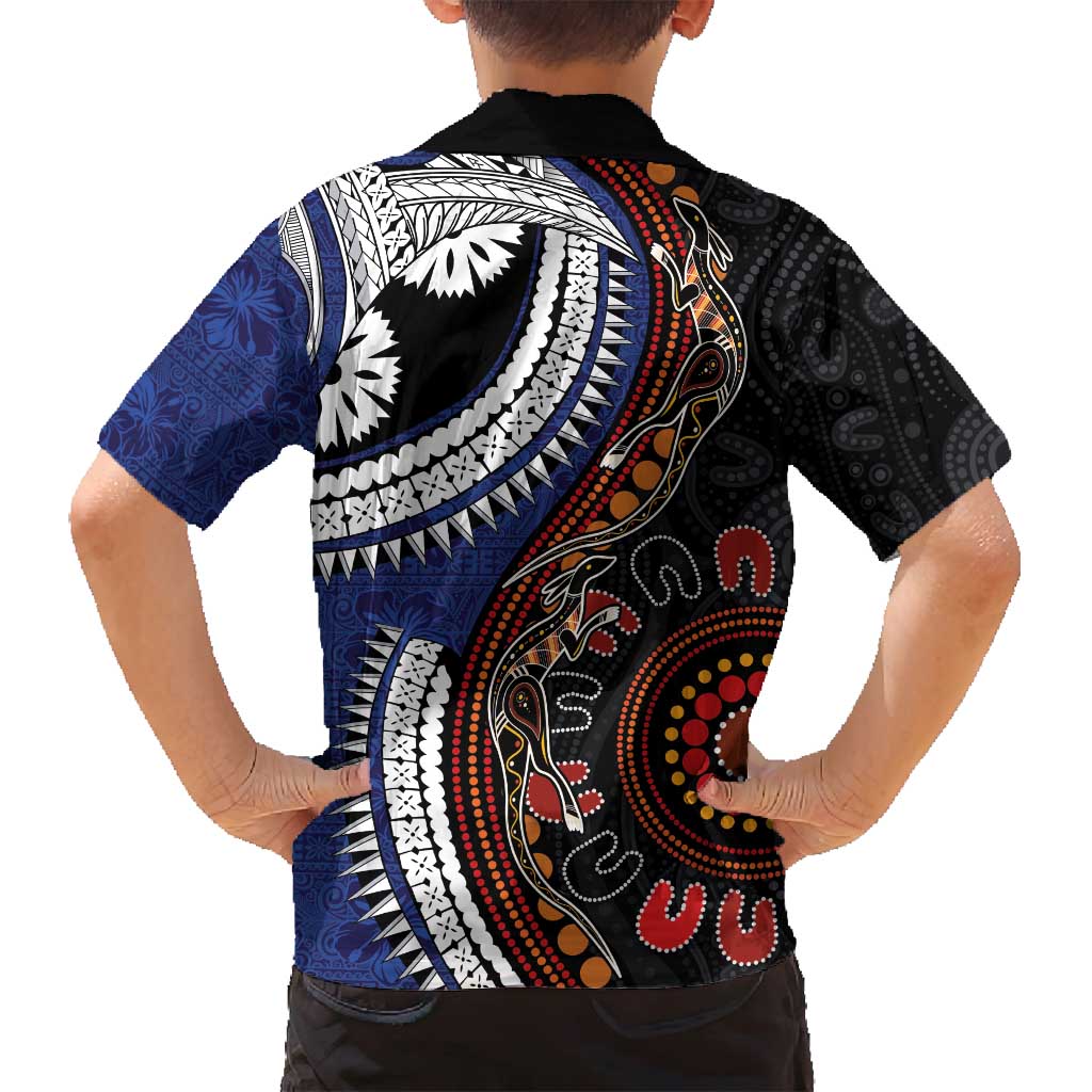 Fiji and Australia Together Family Matching Summer Maxi Dress and Hawaiian Shirt Kangaroo Aboriginal with Tribal Tapa Hibiscus Half Style LT03 - Polynesian Pride