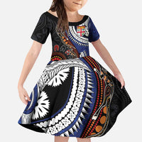 Fiji and Australia Together Family Matching Summer Maxi Dress and Hawaiian Shirt Kangaroo Aboriginal with Tribal Tapa Hibiscus Half Style LT03 Daughter's Dress Black - Polynesian Pride