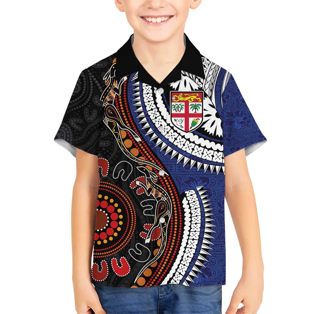 Fiji and Australia Together Family Matching Summer Maxi Dress and Hawaiian Shirt Kangaroo Aboriginal with Tribal Tapa Hibiscus Half Style LT03 Son's Shirt Black - Polynesian Pride