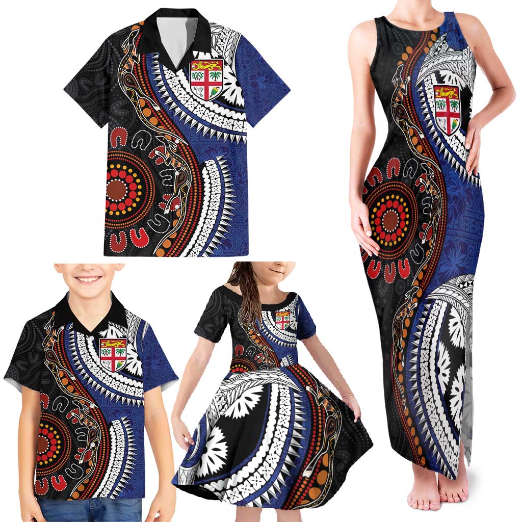 Fiji and Australia Together Family Matching Tank Maxi Dress and Hawaiian Shirt Kangaroo Aboriginal with Tribal Tapa Hibiscus Half Style LT03 - Polynesian Pride