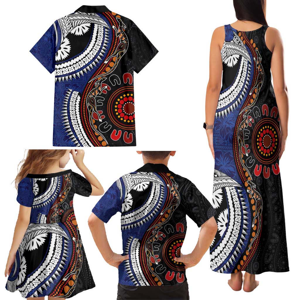 Fiji and Australia Together Family Matching Tank Maxi Dress and Hawaiian Shirt Kangaroo Aboriginal with Tribal Tapa Hibiscus Half Style LT03 - Polynesian Pride