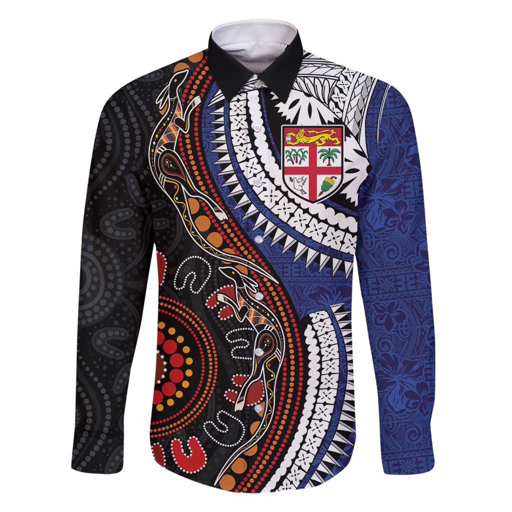 Fiji and Australia Together Family Matching Tank Maxi Dress and Hawaiian Shirt Kangaroo Aboriginal with Tribal Tapa Hibiscus Half Style LT03 Dad's Shirt - Long Sleeve Black - Polynesian Pride