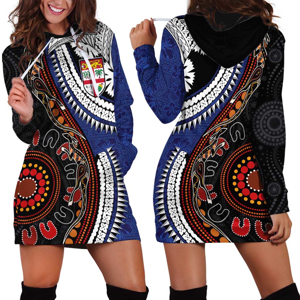 Fiji and Australia Together Hoodie Dress Kangaroo Aboriginal with Tribal Tapa Hibiscus Half Style LT03 - Polynesian Pride