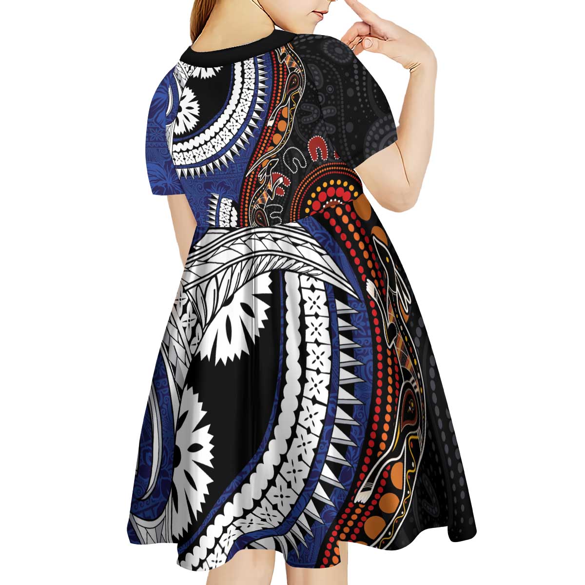 Fiji and Australia Together Kid Short Sleeve Dress Kangaroo Aboriginal with Tribal Tapa Hibiscus Half Style LT03 - Polynesian Pride