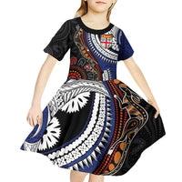 Fiji and Australia Together Kid Short Sleeve Dress Kangaroo Aboriginal with Tribal Tapa Hibiscus Half Style LT03 - Polynesian Pride