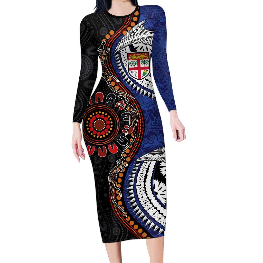 Fiji and Australia Together Long Sleeve Bodycon Dress Kangaroo Aboriginal with Tribal Tapa Hibiscus Half Style LT03 Long Dress Black - Polynesian Pride