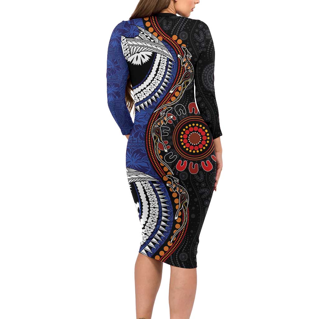 Fiji and Australia Together Long Sleeve Bodycon Dress Kangaroo Aboriginal with Tribal Tapa Hibiscus Half Style LT03 - Polynesian Pride