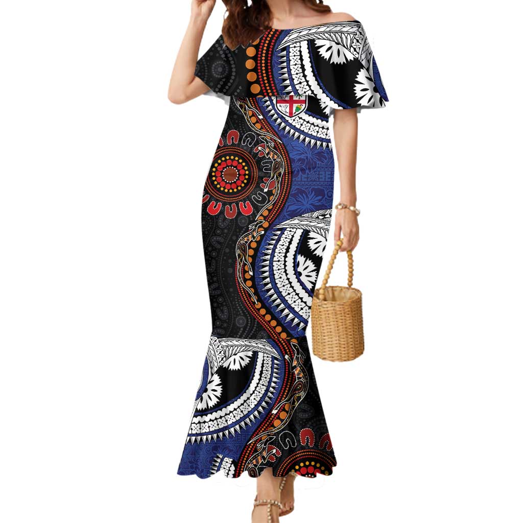 Fiji and Australia Together Mermaid Dress Kangaroo Aboriginal with Tribal Tapa Hibiscus Half Style LT03 Women Black - Polynesian Pride