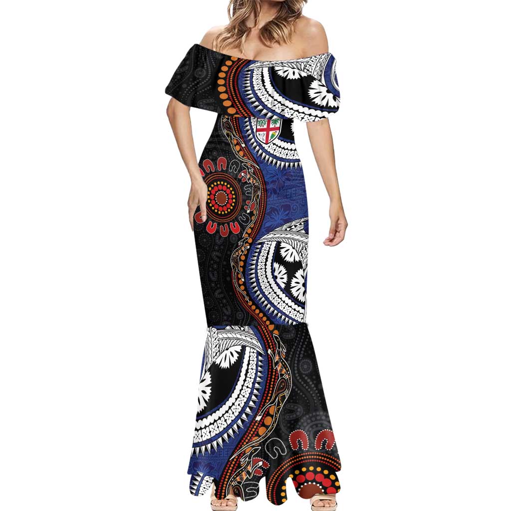 Fiji and Australia Together Mermaid Dress Kangaroo Aboriginal with Tribal Tapa Hibiscus Half Style LT03 - Polynesian Pride