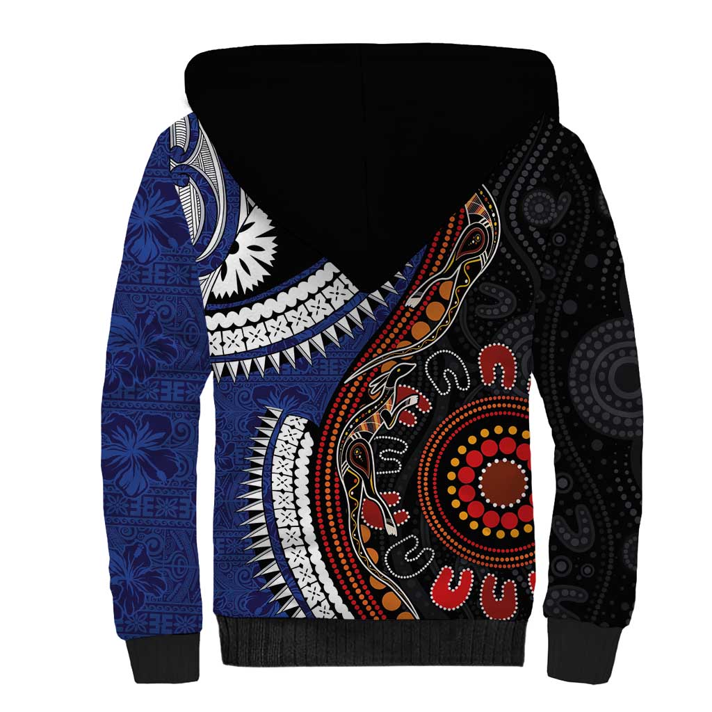 Fiji and Australia Together Sherpa Hoodie Kangaroo Aboriginal with Tribal Tapa Hibiscus Half Style LT03 - Polynesian Pride