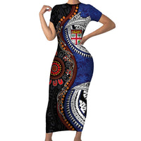 Fiji and Australia Together Short Sleeve Bodycon Dress Kangaroo Aboriginal with Tribal Tapa Hibiscus Half Style LT03 Long Dress Black - Polynesian Pride