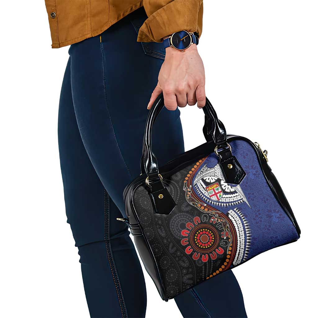 Fiji and Australia Together Shoulder Handbag Kangaroo Aboriginal with Tribal Tapa Hibiscus Half Style - Polynesian Pride