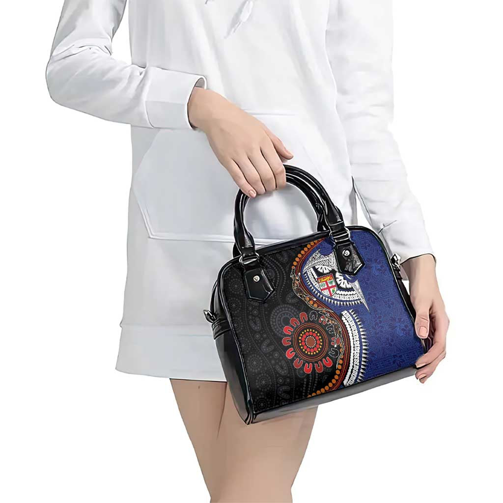 Fiji and Australia Together Shoulder Handbag Kangaroo Aboriginal with Tribal Tapa Hibiscus Half Style - Polynesian Pride