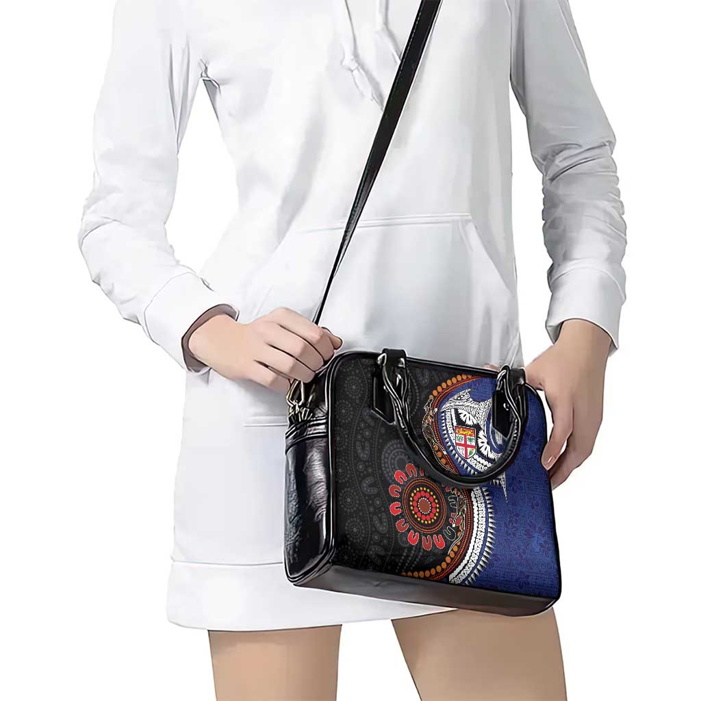 Fiji and Australia Together Shoulder Handbag Kangaroo Aboriginal with Tribal Tapa Hibiscus Half Style - Polynesian Pride