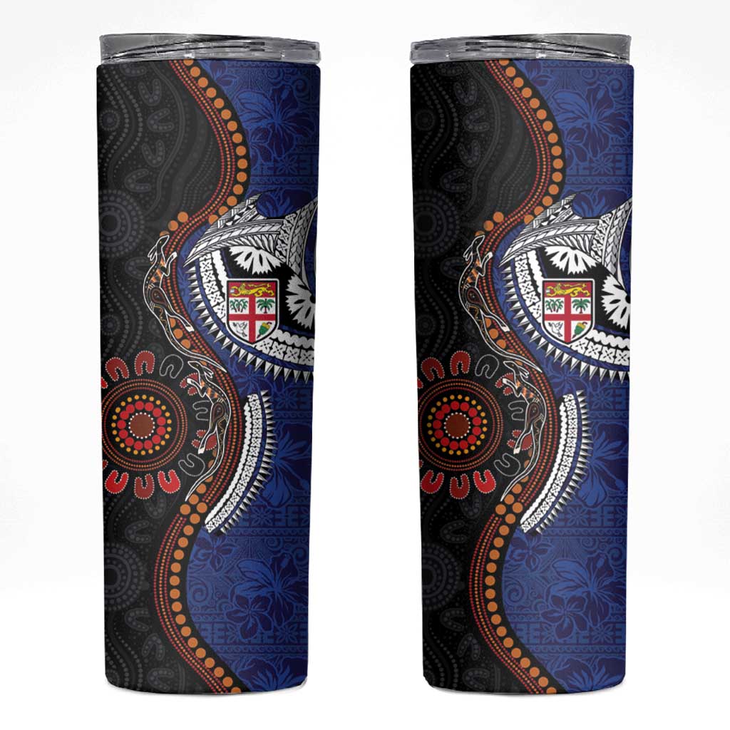 Fiji and Australia Together Skinny Tumbler Kangaroo Aboriginal with Tribal Tapa Hibiscus Half Style LT03 Black - Polynesian Pride