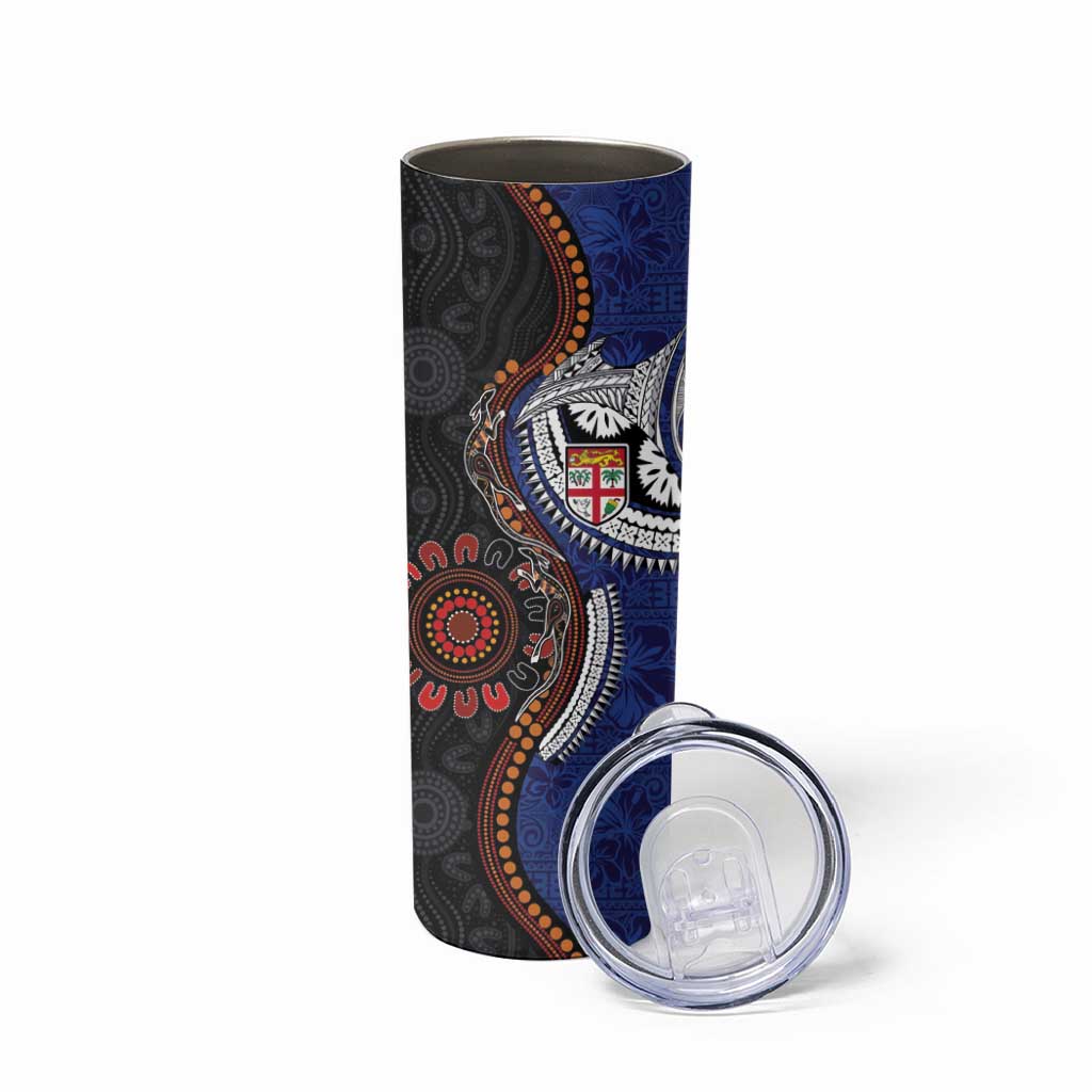Fiji and Australia Together Skinny Tumbler Kangaroo Aboriginal with Tribal Tapa Hibiscus Half Style LT03 - Polynesian Pride