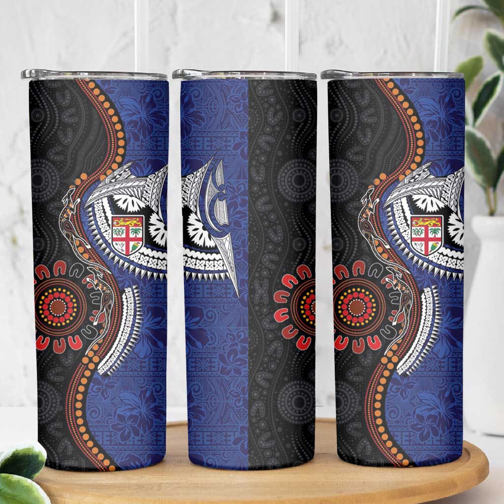 Fiji and Australia Together Skinny Tumbler Kangaroo Aboriginal with Tribal Tapa Hibiscus Half Style LT03 - Polynesian Pride