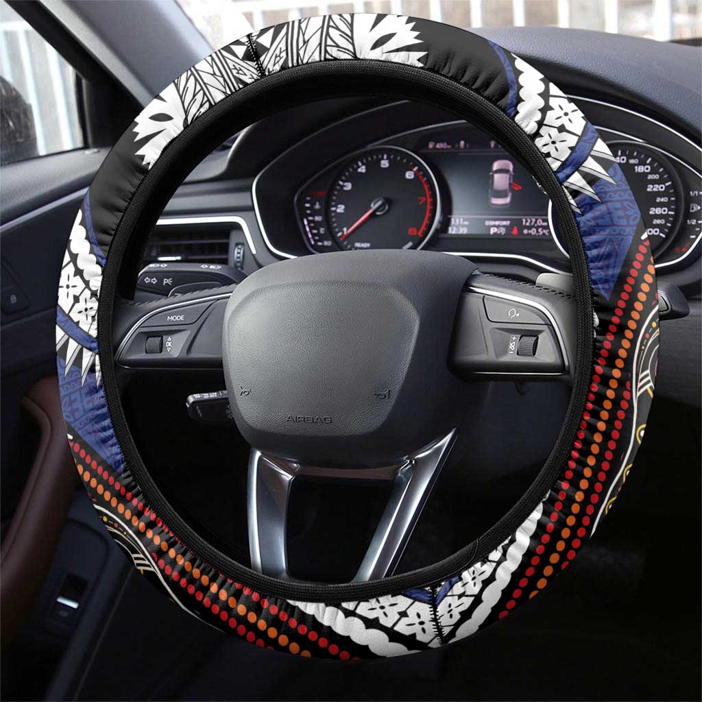 Fiji and Australia Together Steering Wheel Cover Kangaroo Aboriginal with Tribal Tapa Hibiscus Half Style - Polynesian Pride
