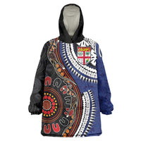 Fiji and Australia Together Wearable Blanket Hoodie Kangaroo Aboriginal with Tribal Tapa Hibiscus Half Style LT03 One Size Black - Polynesian Pride