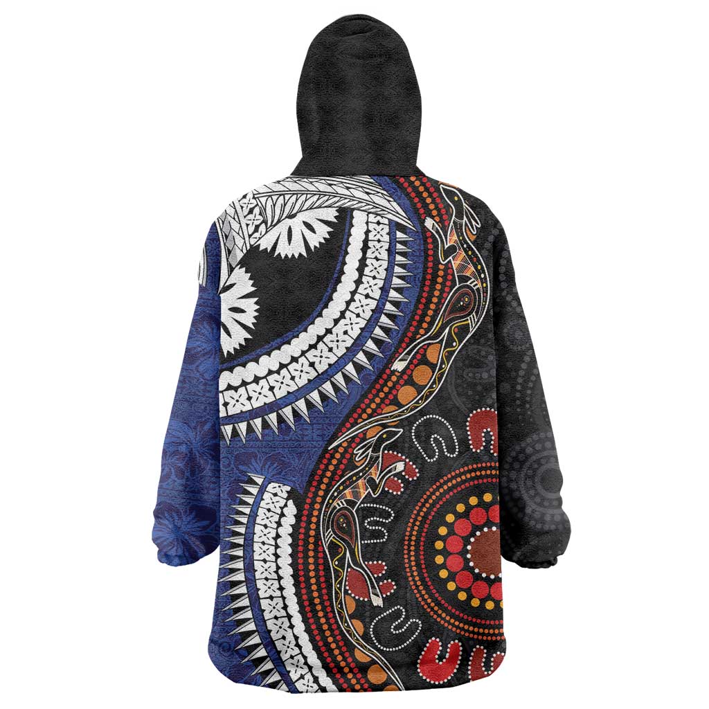 Fiji and Australia Together Wearable Blanket Hoodie Kangaroo Aboriginal with Tribal Tapa Hibiscus Half Style LT03 - Polynesian Pride