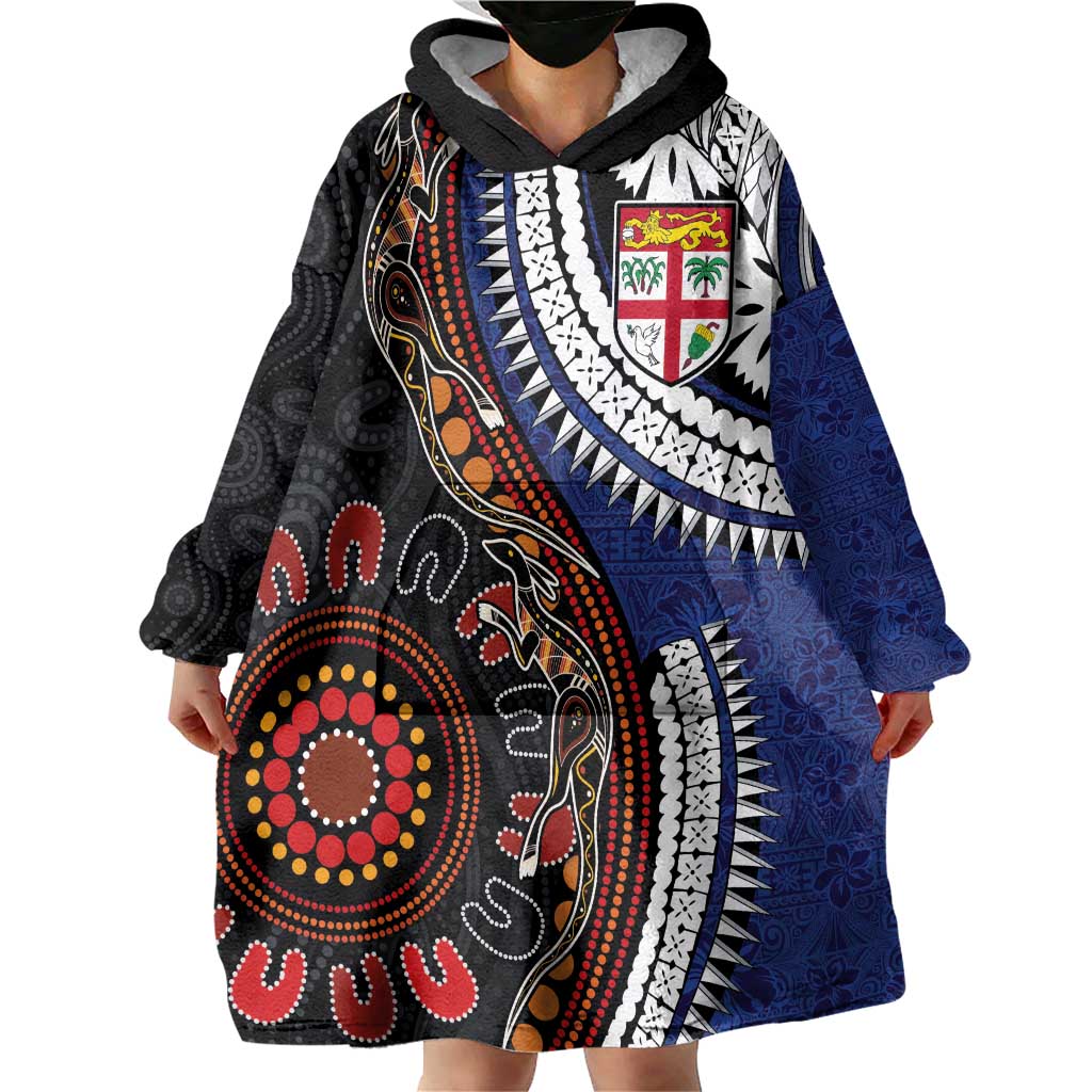 Fiji and Australia Together Wearable Blanket Hoodie Kangaroo Aboriginal with Tribal Tapa Hibiscus Half Style LT03 - Polynesian Pride