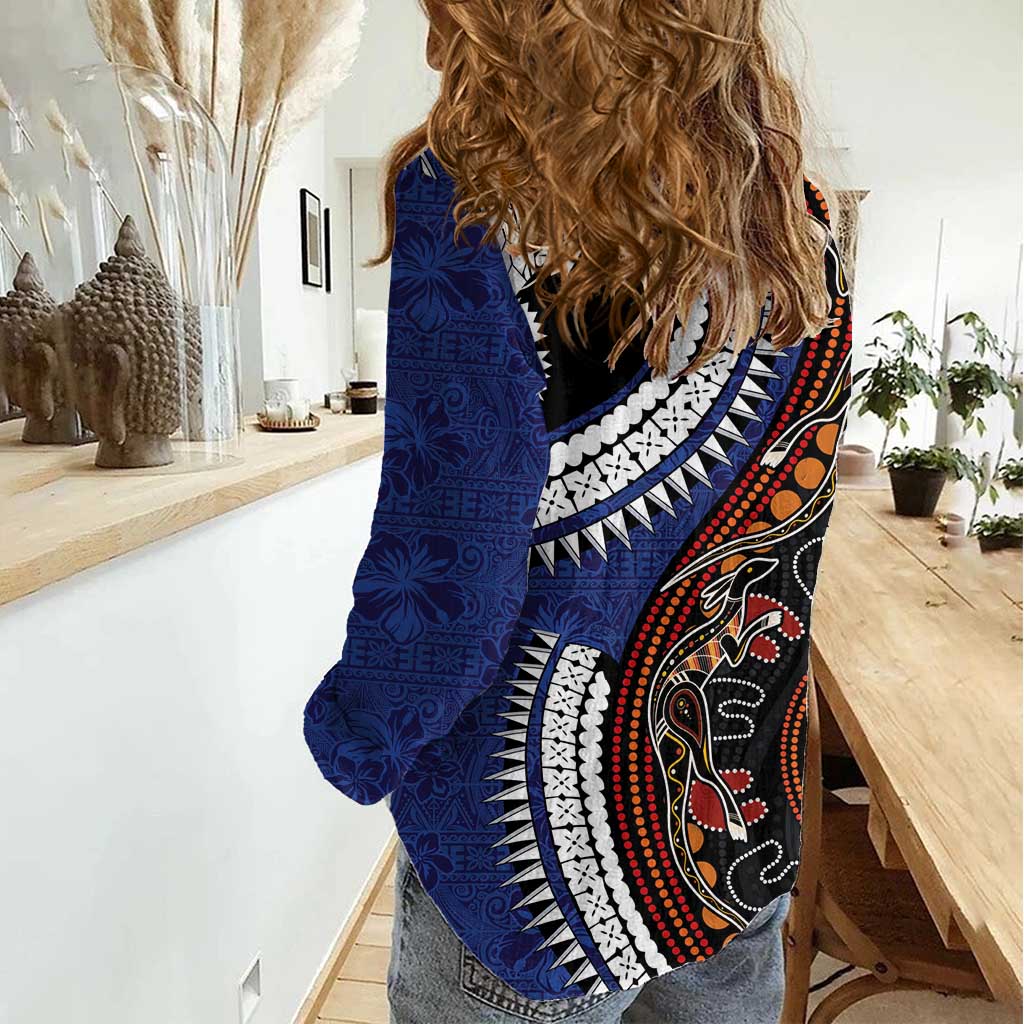 Fiji and Australia Together Women Casual Shirt Kangaroo Aboriginal with Tribal Tapa Hibiscus Half Style LT03 - Polynesian Pride