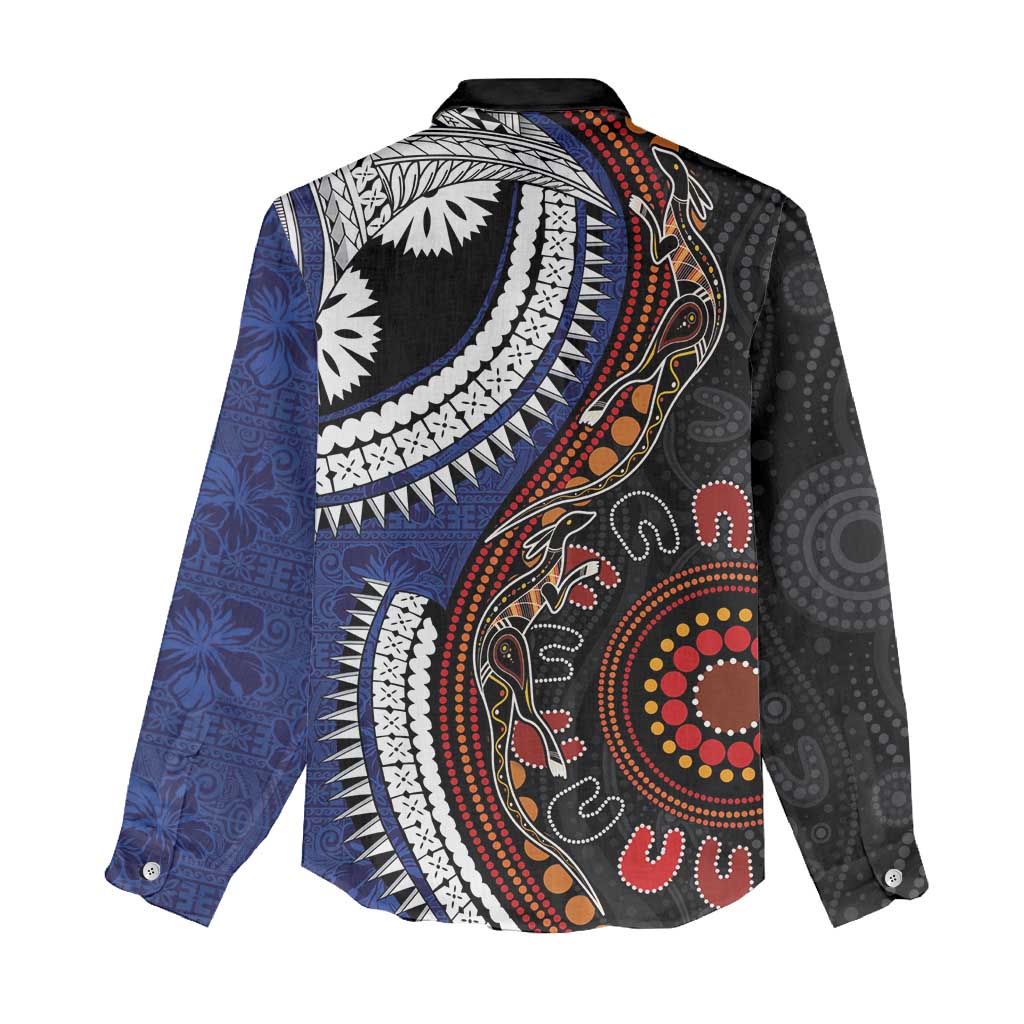 Fiji and Australia Together Women Casual Shirt Kangaroo Aboriginal with Tribal Tapa Hibiscus Half Style LT03 - Polynesian Pride