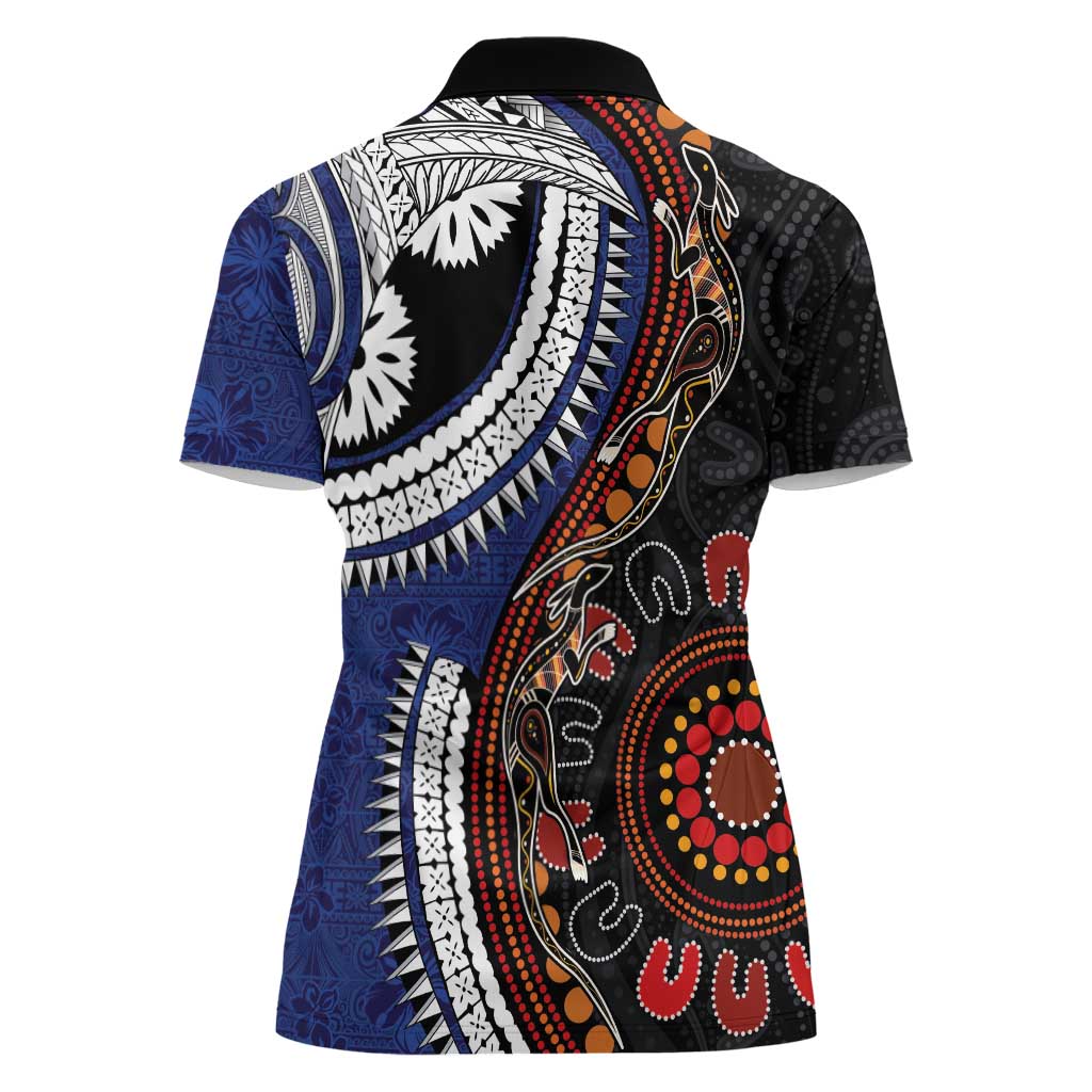 Fiji and Australia Together Women Polo Shirt Kangaroo Aboriginal with Tribal Tapa Hibiscus Half Style - Polynesian Pride