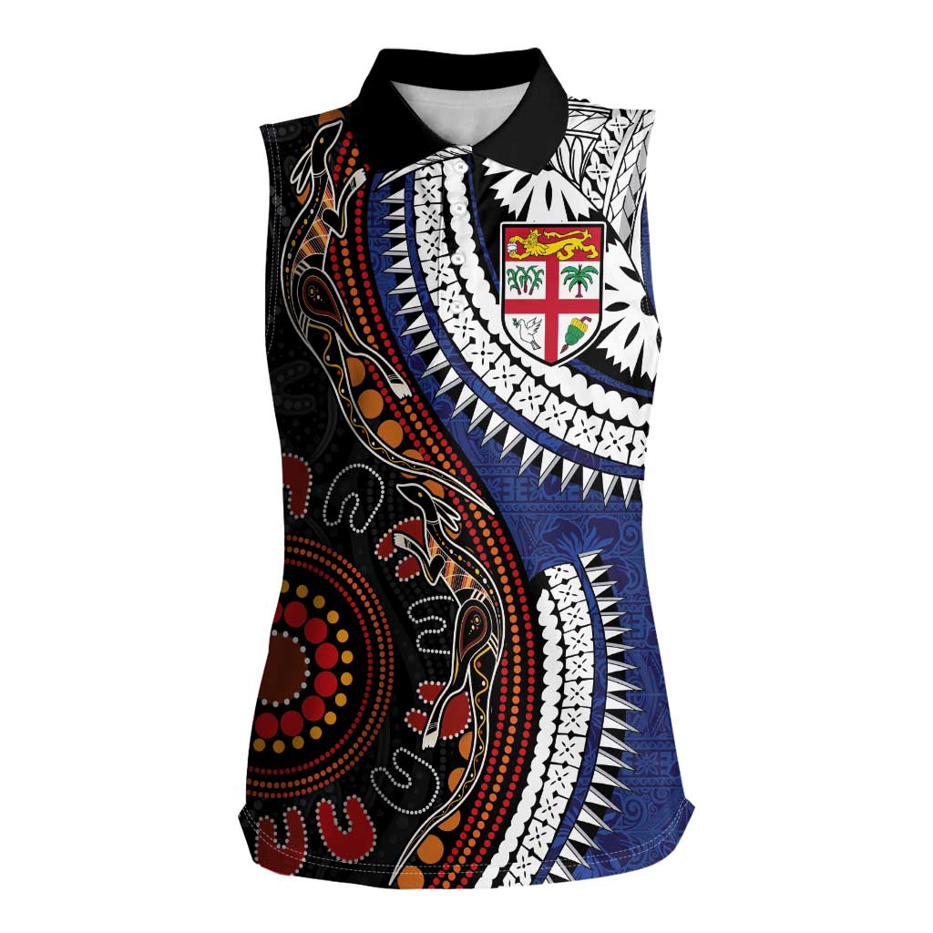 Fiji and Australia Together Women Sleeveless Polo Shirt Kangaroo Aboriginal with Tribal Tapa Hibiscus Half Style LT03 Female Black - Polynesian Pride