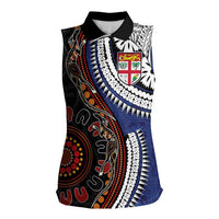 Fiji and Australia Together Women Sleeveless Polo Shirt Kangaroo Aboriginal with Tribal Tapa Hibiscus Half Style LT03 Female Black - Polynesian Pride