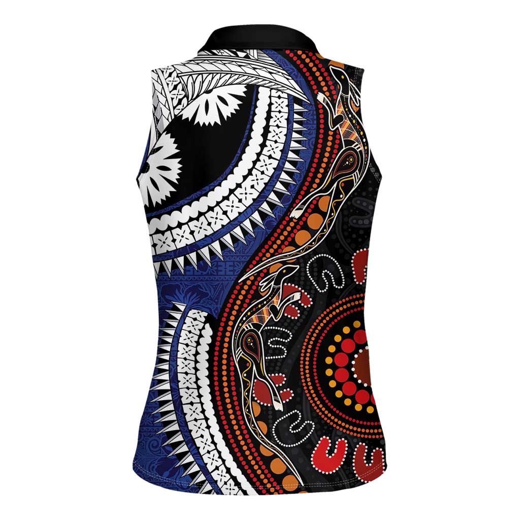 Fiji and Australia Together Women Sleeveless Polo Shirt Kangaroo Aboriginal with Tribal Tapa Hibiscus Half Style LT03 - Polynesian Pride