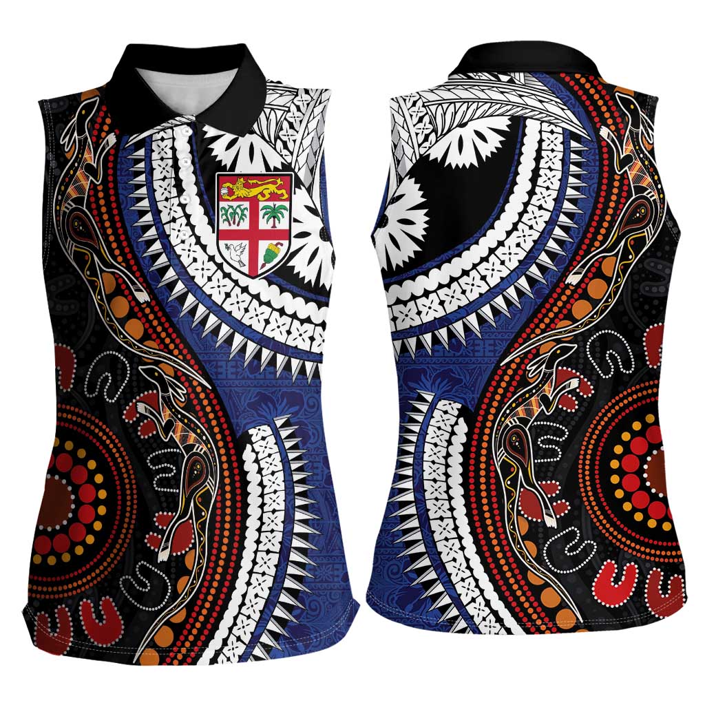 Fiji and Australia Together Women Sleeveless Polo Shirt Kangaroo Aboriginal with Tribal Tapa Hibiscus Half Style LT03 - Polynesian Pride