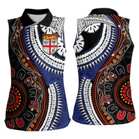 Fiji and Australia Together Women Sleeveless Polo Shirt Kangaroo Aboriginal with Tribal Tapa Hibiscus Half Style LT03 - Polynesian Pride