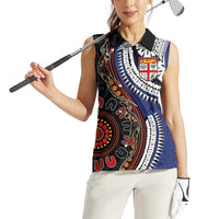Fiji and Australia Together Women Sleeveless Polo Shirt Kangaroo Aboriginal with Tribal Tapa Hibiscus Half Style LT03 - Polynesian Pride