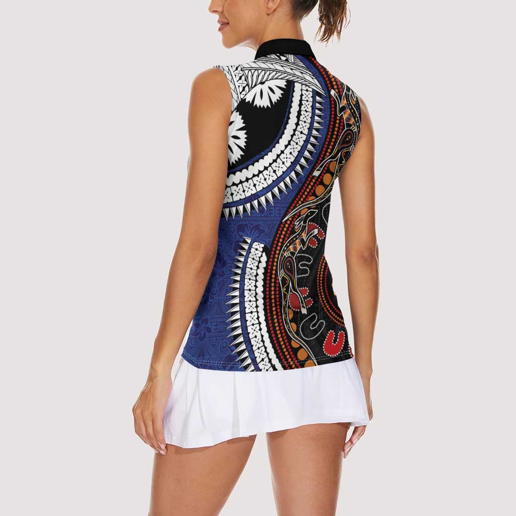 Fiji and Australia Together Women Sleeveless Polo Shirt Kangaroo Aboriginal with Tribal Tapa Hibiscus Half Style LT03 - Polynesian Pride