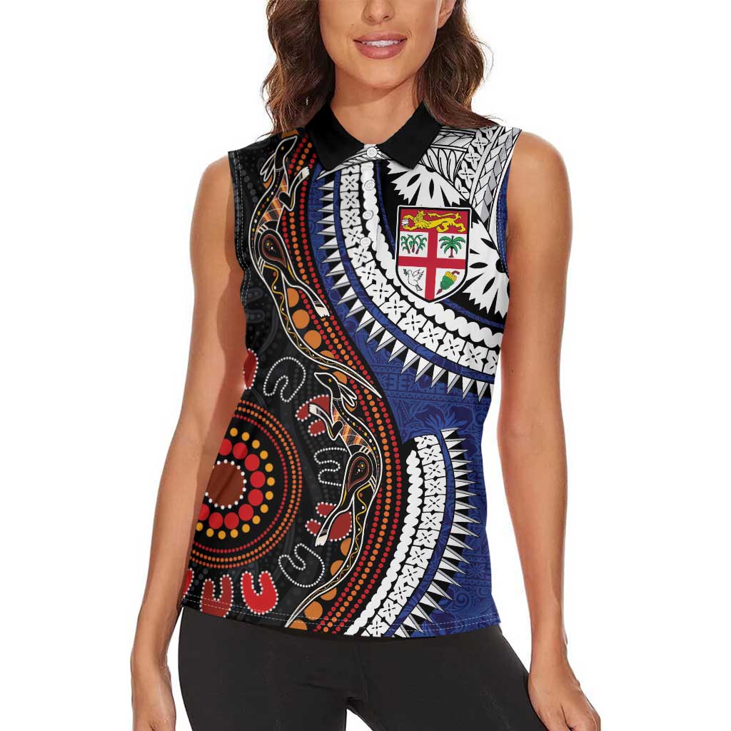 Fiji and Australia Together Women Sleeveless Polo Shirt Kangaroo Aboriginal with Tribal Tapa Hibiscus Half Style LT03 - Polynesian Pride
