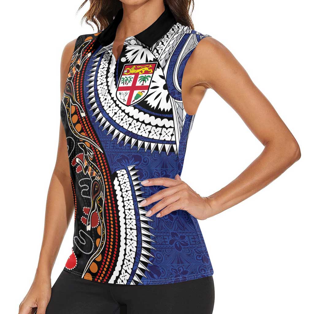 Fiji and Australia Together Women Sleeveless Polo Shirt Kangaroo Aboriginal with Tribal Tapa Hibiscus Half Style LT03 - Polynesian Pride