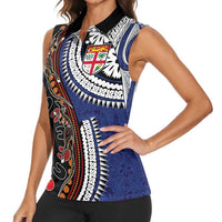 Fiji and Australia Together Women Sleeveless Polo Shirt Kangaroo Aboriginal with Tribal Tapa Hibiscus Half Style LT03 - Polynesian Pride