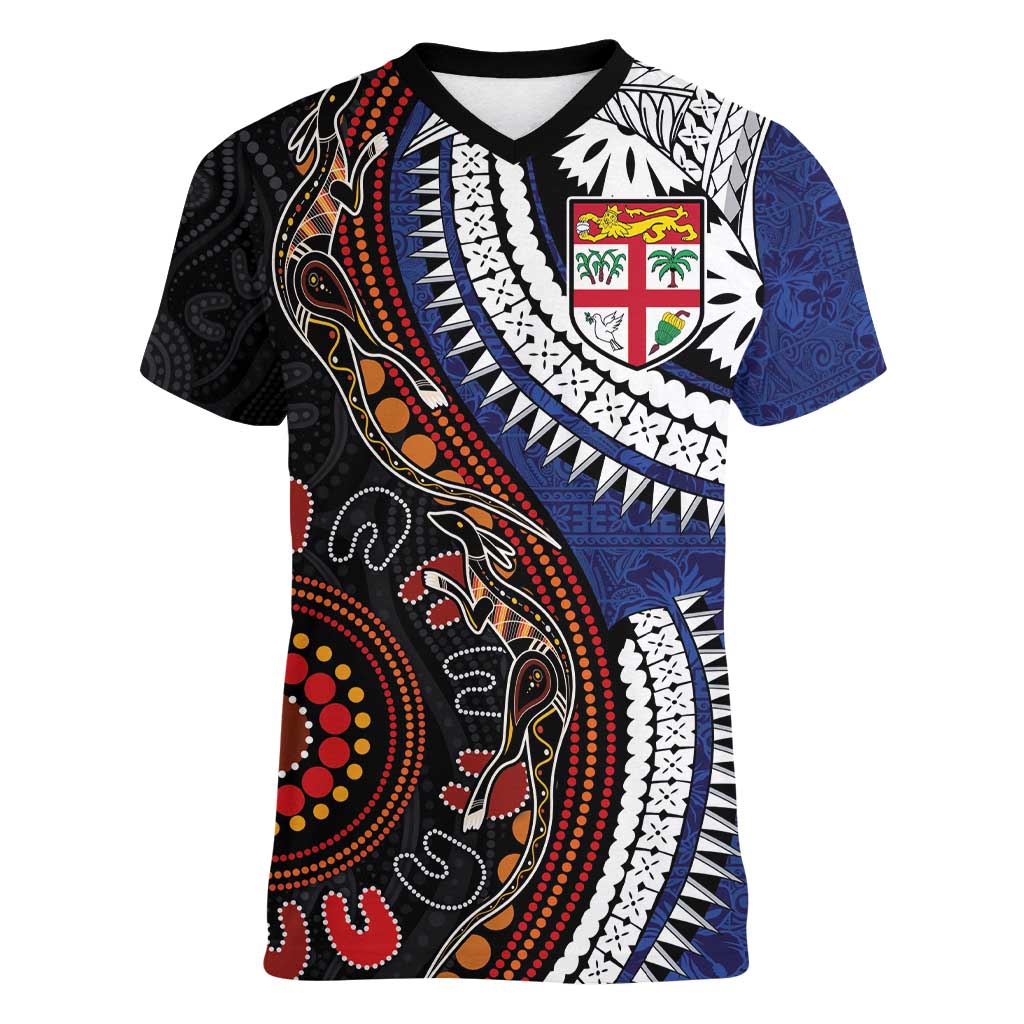 Fiji and Australia Together Women V-Neck T-Shirt Kangaroo Aboriginal with Tribal Tapa Hibiscus Half Style LT03 Female Black - Polynesian Pride