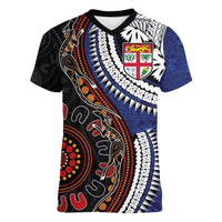 Fiji and Australia Together Women V-Neck T-Shirt Kangaroo Aboriginal with Tribal Tapa Hibiscus Half Style LT03 Female Black - Polynesian Pride
