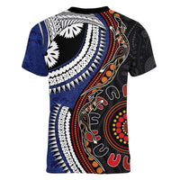 Fiji and Australia Together Women V-Neck T-Shirt Kangaroo Aboriginal with Tribal Tapa Hibiscus Half Style LT03 - Polynesian Pride