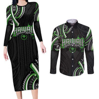 Traditional Art Hawaiian Kakau Tattoos Couples Matching Long Sleeve Bodycon Dress and Long Sleeve Button Shirt Green Color - Polynesian Pride
