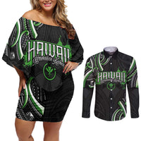 Traditional Art Hawaiian Kakau Tattoos Couples Matching Off Shoulder Short Dress and Long Sleeve Button Shirt Green Color - Polynesian Pride