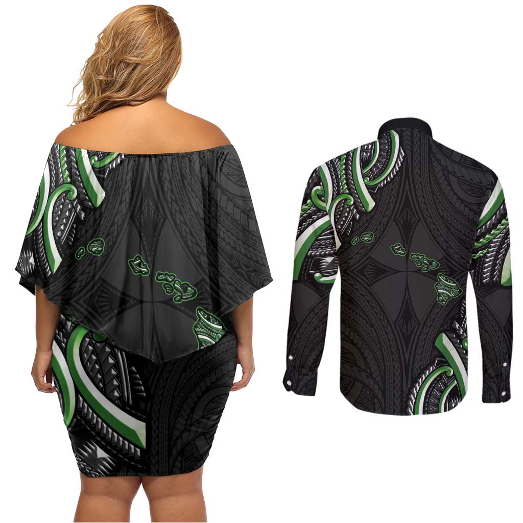 Traditional Art Hawaiian Kakau Tattoos Couples Matching Off Shoulder Short Dress and Long Sleeve Button Shirt Green Color - Polynesian Pride