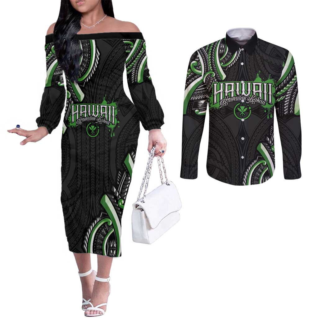 Traditional Art Hawaiian Kakau Tattoos Couples Matching Off The Shoulder Long Sleeve Dress and Long Sleeve Button Shirt Green Color - Polynesian Pride