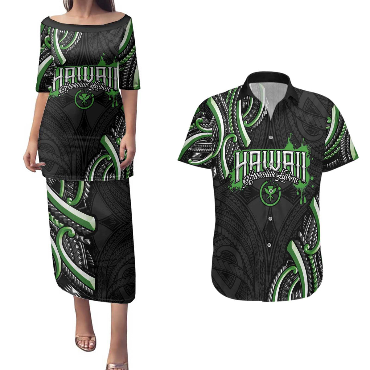 Traditional Art Hawaiian Kakau Tattoos Couples Matching Puletasi and Hawaiian Shirt Green Color LT03 Green - Polynesian Pride