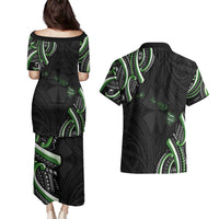 Traditional Art Hawaiian Kakau Tattoos Couples Matching Puletasi and Hawaiian Shirt Green Color LT03 - Polynesian Pride