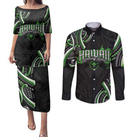 Traditional Art Hawaiian Kakau Tattoos Couples Matching Puletasi and Long Sleeve Button Shirt Green Color LT03 Green - Polynesian Pride