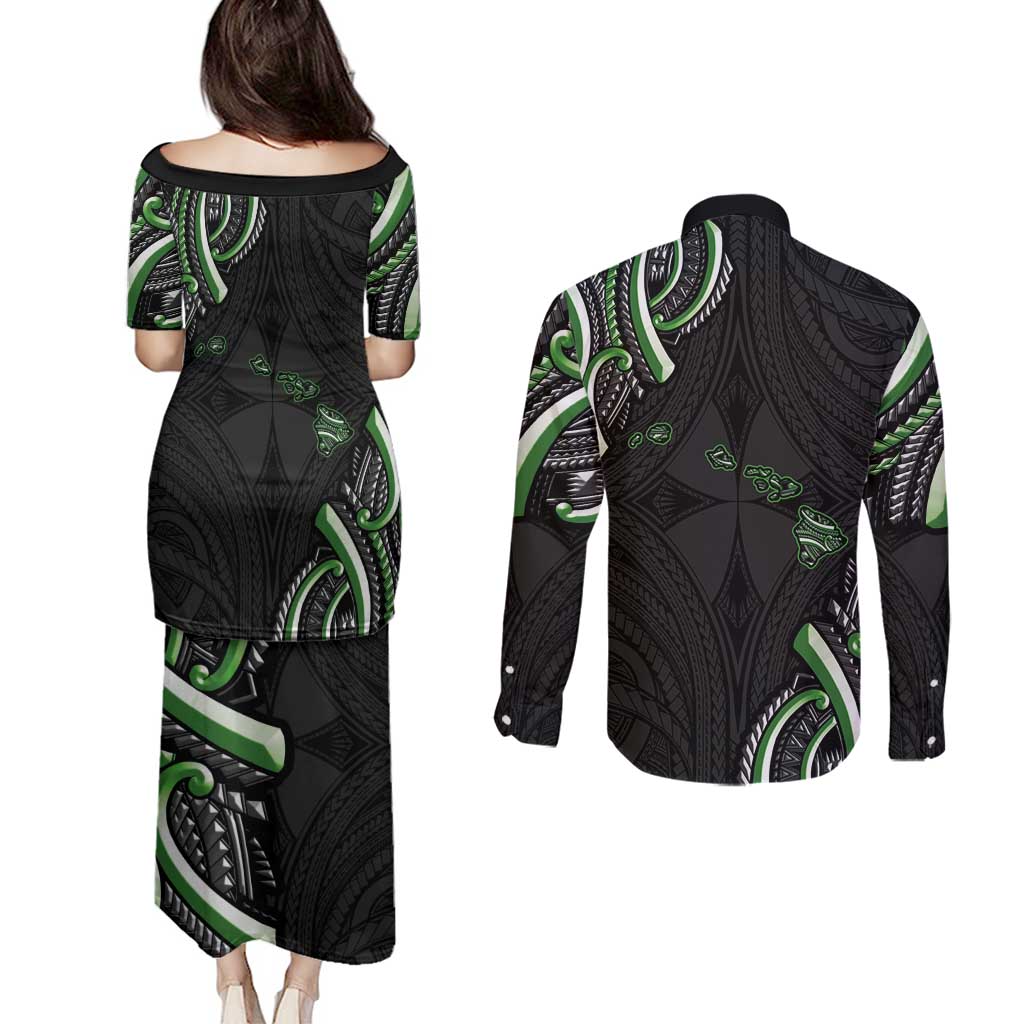 Traditional Art Hawaiian Kakau Tattoos Couples Matching Puletasi and Long Sleeve Button Shirt Green Color LT03 - Polynesian Pride