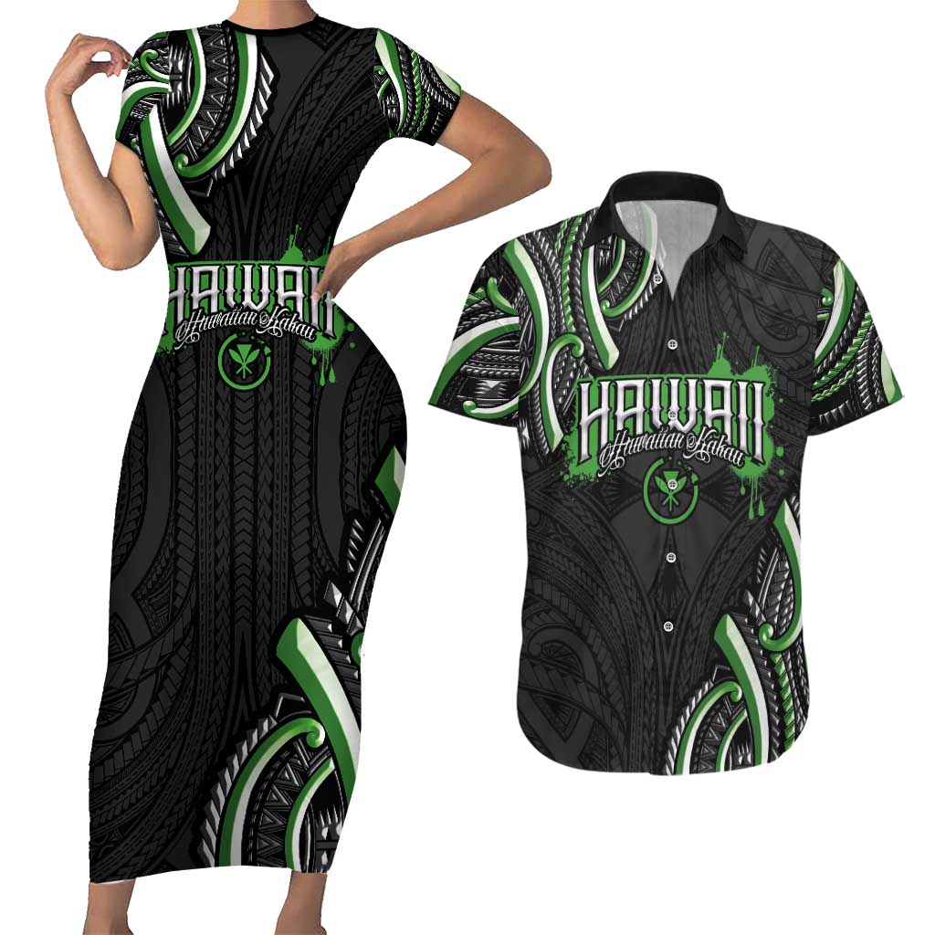 Traditional Art Hawaiian Kakau Tattoos Couples Matching Short Sleeve Bodycon Dress and Hawaiian Shirt Green Color - Polynesian Pride